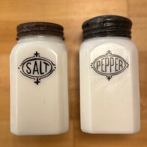 Large 5" milk glass Salt & Pepper set w/black writing, Vintage Hazel-Atlas